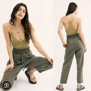 Free People Womens S Olive Green Paper Bag Waist Margate Pleated Trouser